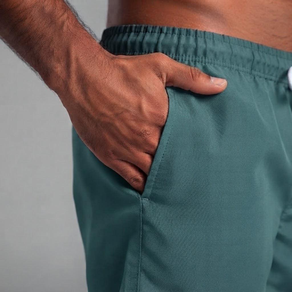 Detalhe do bolso lateral do short tactel verde militar Overbeach